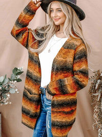 WOMEN'S LONG SLEEVE POCKETS COLORBLOCK STRIPES CARDIGAN