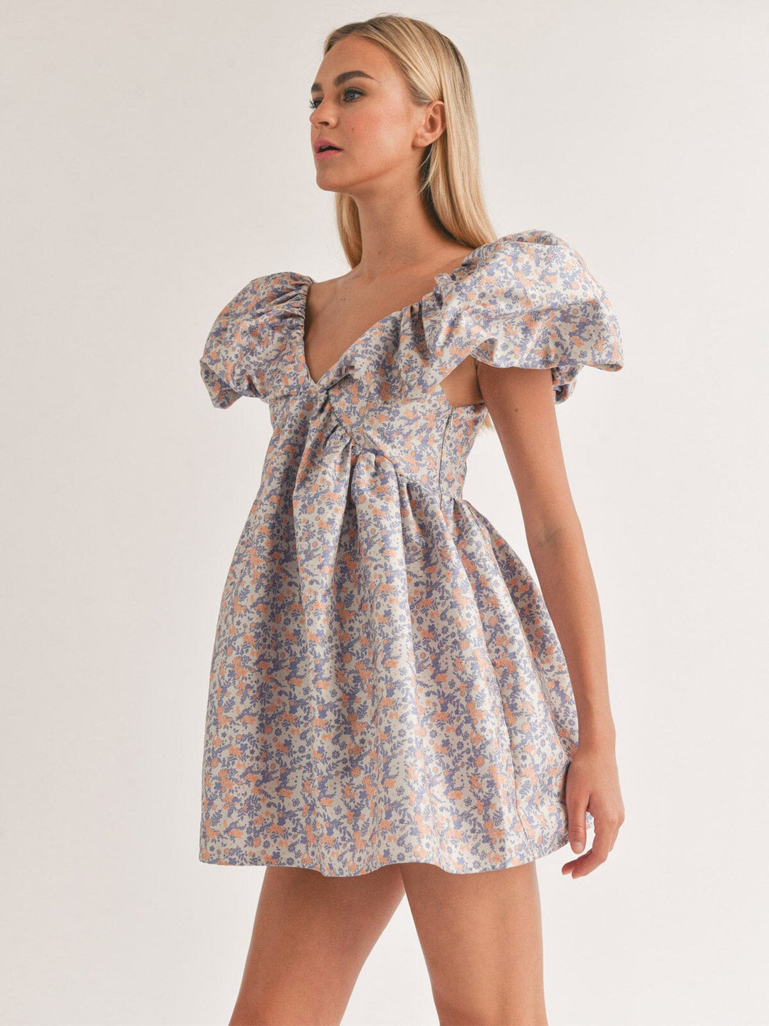 WOMEN'S SHORT PUFF SLEEVE V-NECK BABYDOLL FLORAL PRINT MINI DRESS