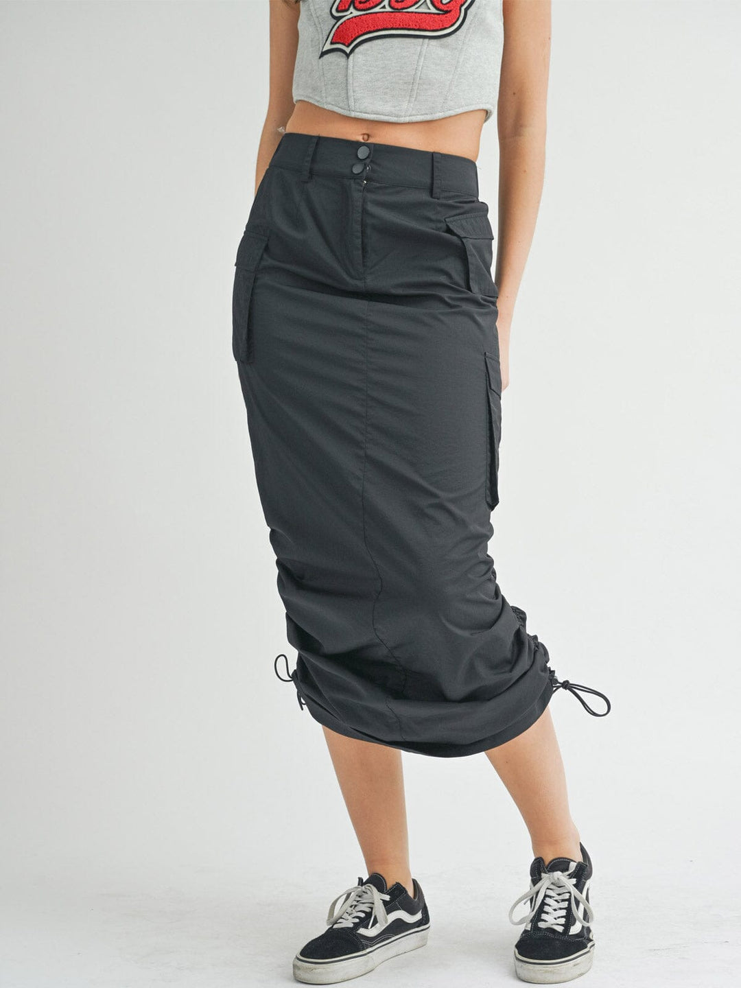 WOMEN'S BUTTON CLOSURE CARGO POCKETS SIDE RUCHED MAXI SKIRT