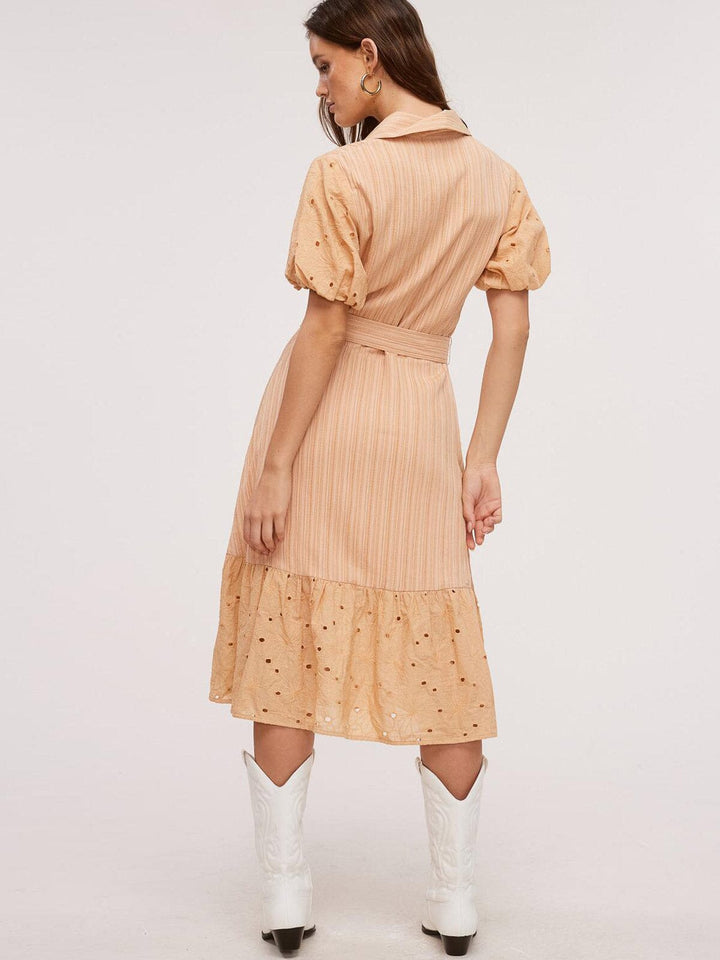 WOMEN'S SHORT SLEEVE BUTTON UP EYELET DETAILED MIDI DRESS
