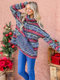 WOMEN'S LONG SLEEVE TURTLE NECK FRONT POCKET PRINT PULLOVER SWEATER
