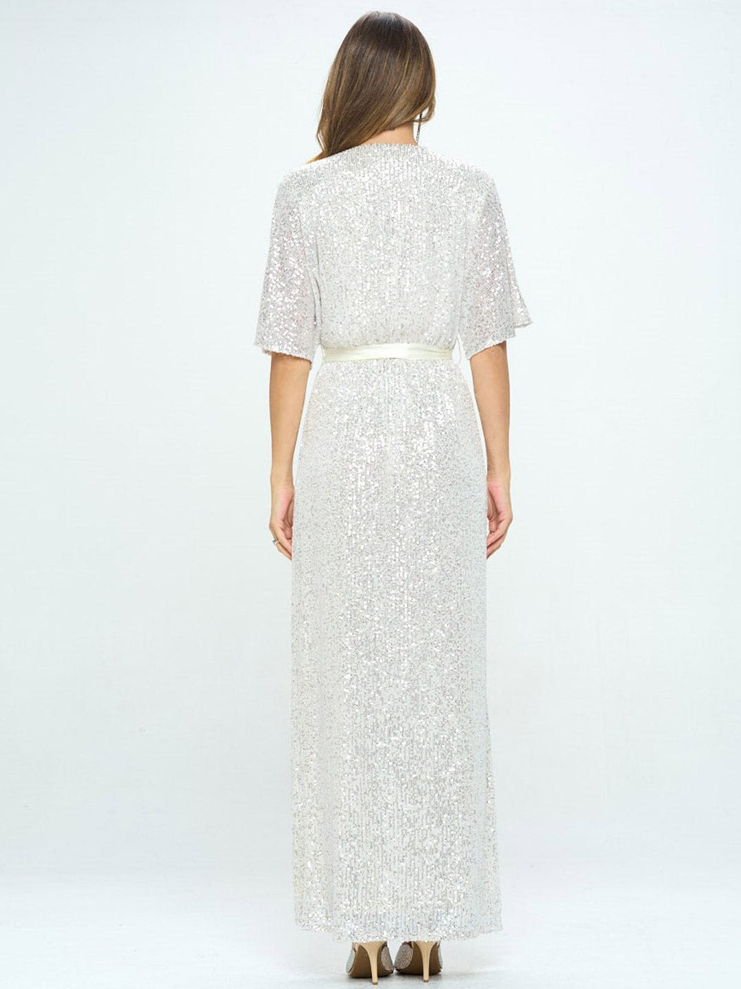WOMEN'S SHORT SLEEVE SURPLICE SELF TIE SEQUINS MAXI DRESS