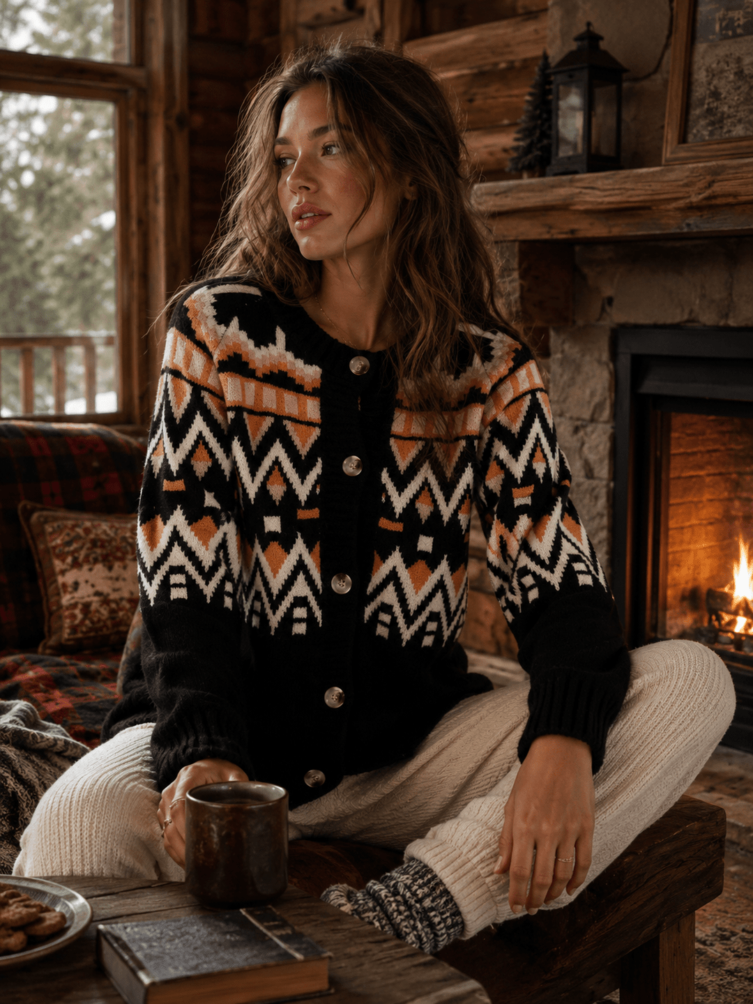 WOMEN'S LONG SLEEVE BUTTON UP MULTI PRINT SWEATER