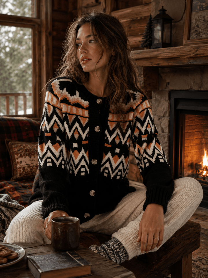WOMEN'S LONG SLEEVE BUTTON UP MULTI PRINT SWEATER