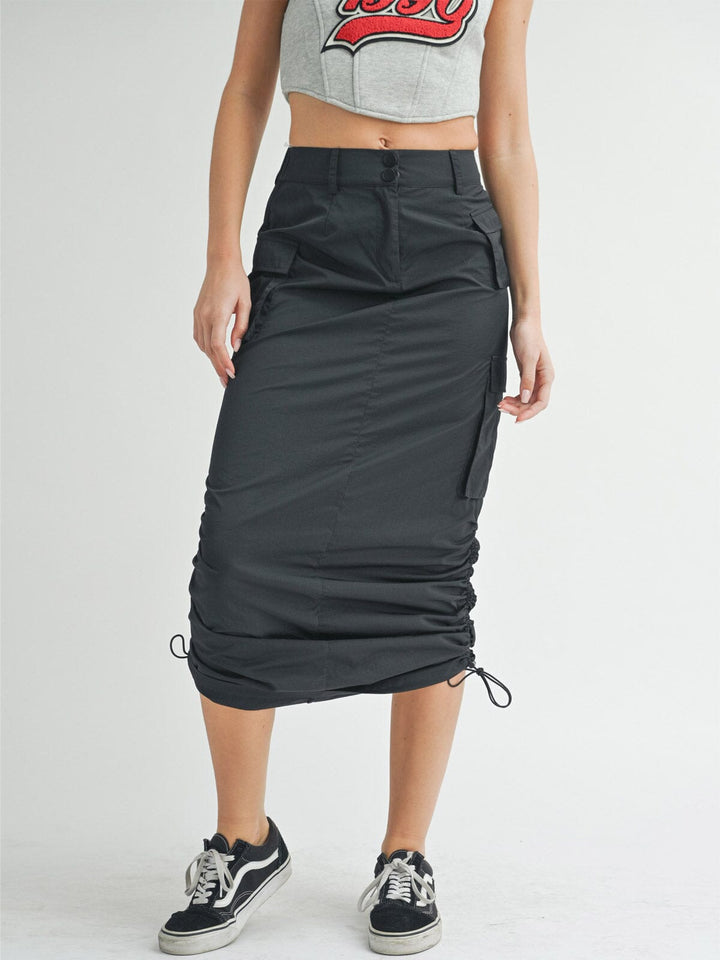 WOMEN'S BUTTON CLOSURE CARGO POCKETS SIDE RUCHED MAXI SKIRT