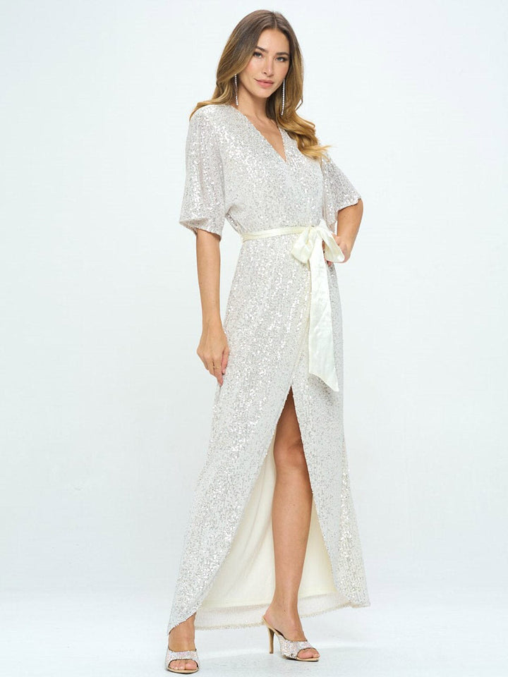 WOMEN'S SHORT SLEEVE SURPLICE SELF TIE SEQUINS MAXI DRESS