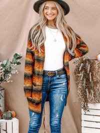 WOMEN'S LONG SLEEVE POCKETS COLORBLOCK STRIPES CARDIGAN
