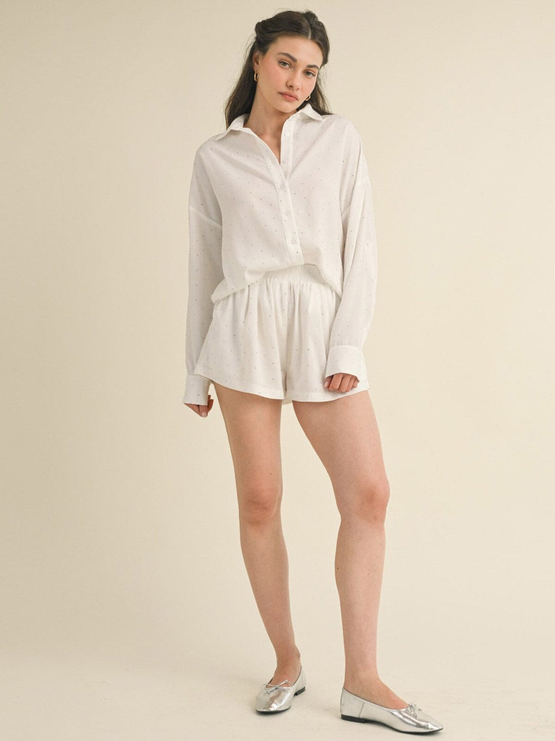 WOMEN'S LONG SLEEVE BLOUSE & MINI SHORTS STUDS DETAILED 2PC. SET