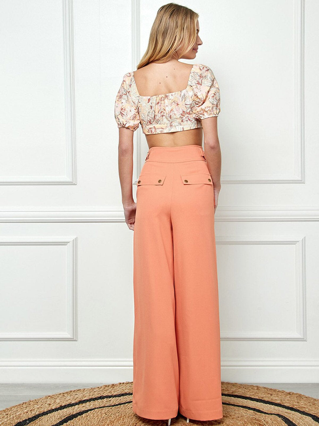 WOMEN'S BUTTON CLOSURE POCKETS WIDE LEG PANTS