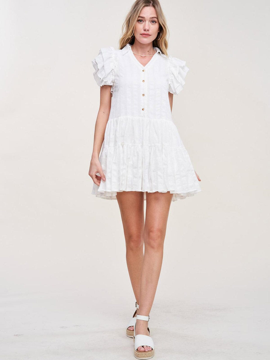 WOMEN'S SHORT SLEEVE V-NECK RUFFLE MINI DRESS