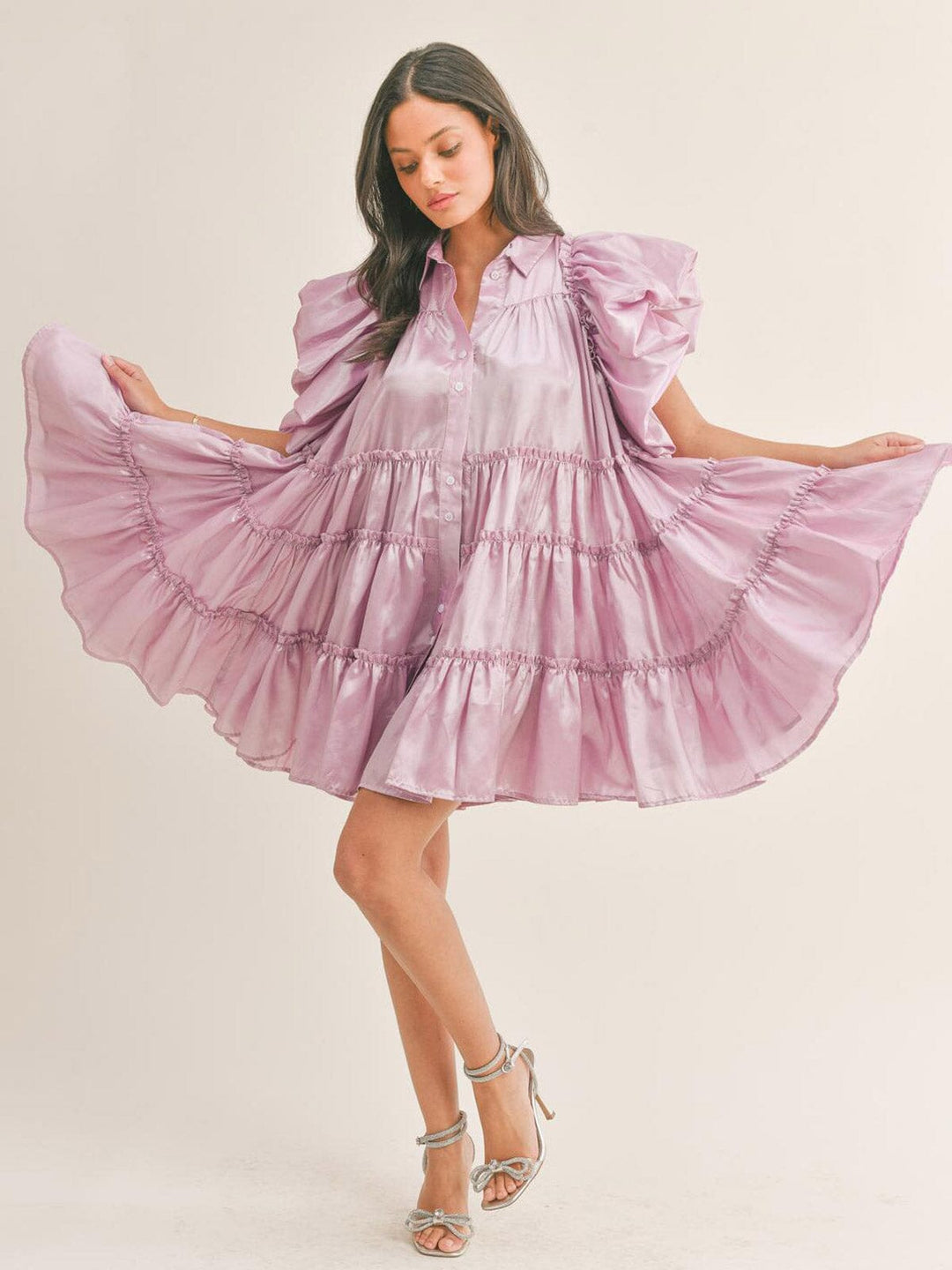 WOMEN'S SHORT PUFF SLEEVE BUTTON UP TIERED TUNIC MINI DRESS