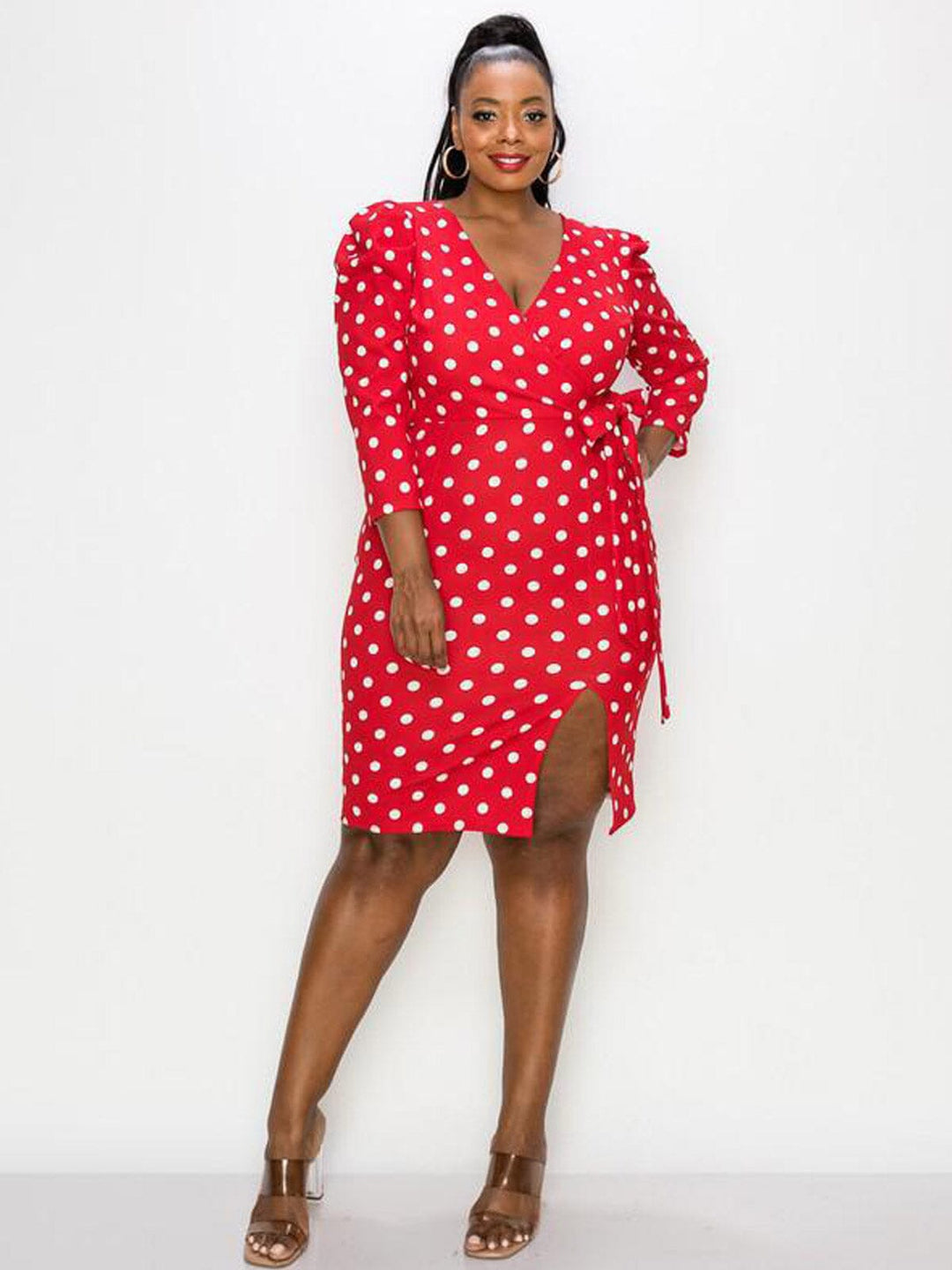 PLUS SIZE 3/4 SLEEVE SURPLICE FRONT SLIT POLKA DOTS BODYCON MINI DRESS