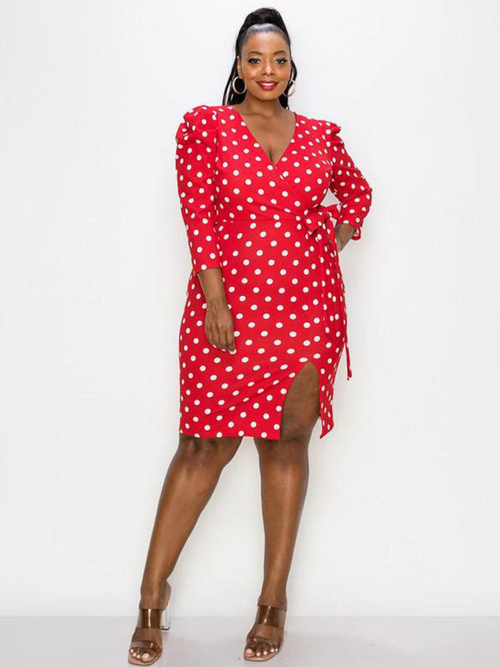 PLUS SIZE 3/4 SLEEVE SURPLICE FRONT SLIT POLKA DOTS BODYCON MINI DRESS