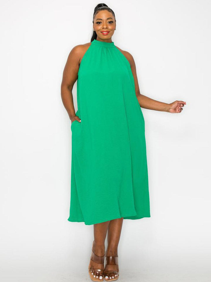 PLUS SIZE SLEEVELESS HALTER NECK POCKETS TUNIC MIDI DRESS