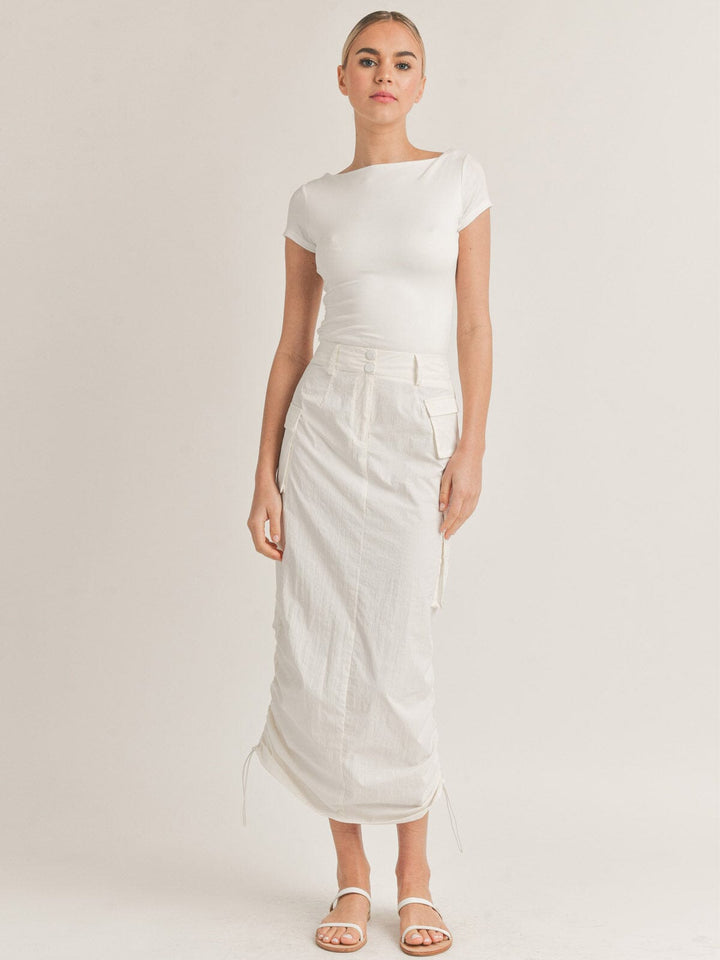 WOMEN'S BUTTON CLOSURE CARGO POCKETS SIDE RUCHED MAXI SKIRT