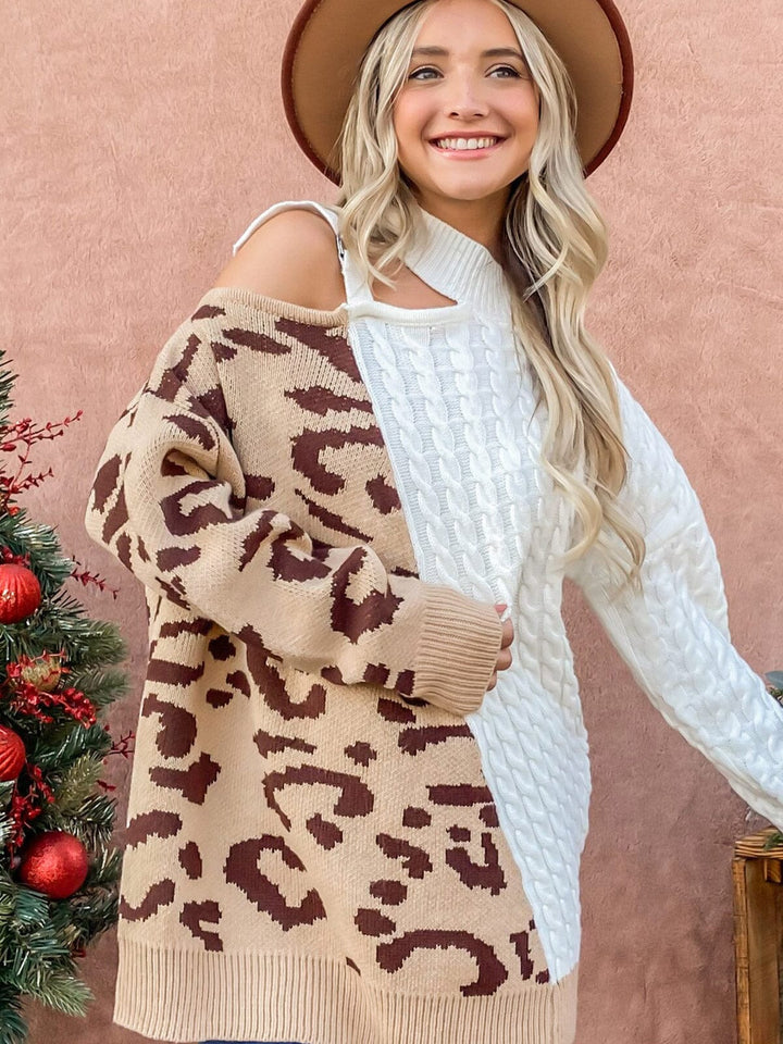 WOMEN'S LONG SLEEVE COLD SHOULDER CABLE KNIT PULLOVER OVERSIZED SWEATER