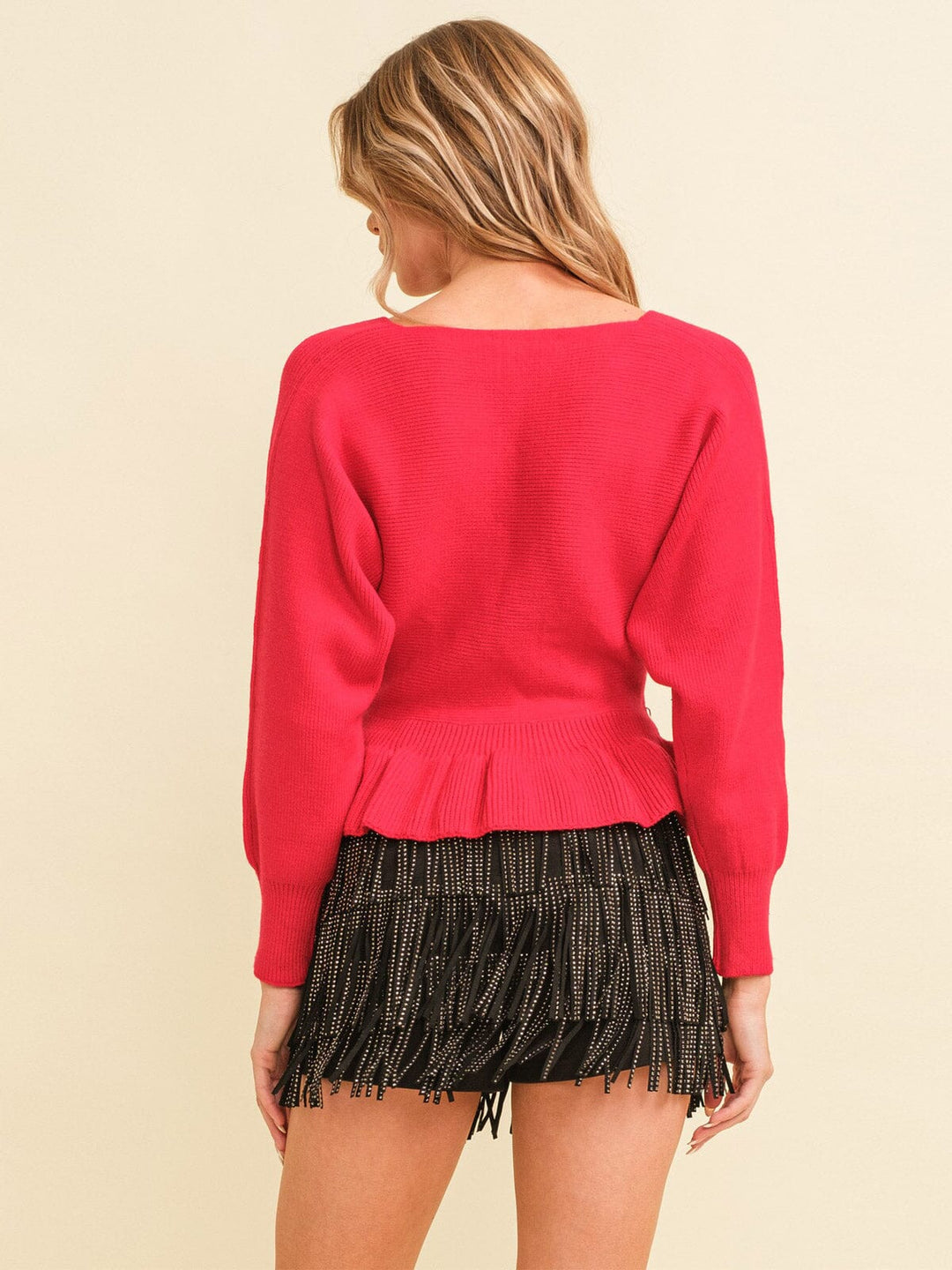 WOMEN'S LONG SLEEVE SURPLICE PEPLUM BLOUSE TOP