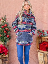 WOMEN'S LONG SLEEVE TURTLE NECK FRONT POCKET PRINT PULLOVER SWEATER