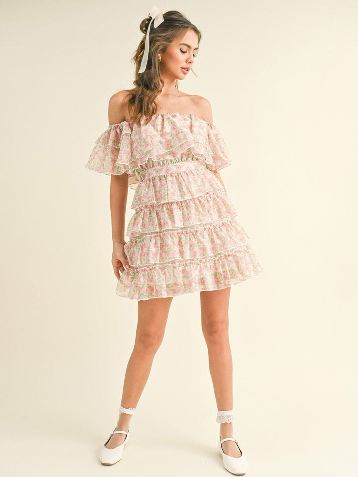 WOMEN'S OFF SHOULDER TIERED RUFFLE FLORAL MINI DRESS