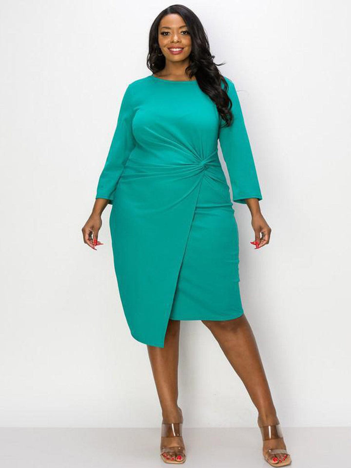 PLUS SIZE 3/4 SLEEVE SURPLICE FRONT KNOT BODYCON MIDI DRESS