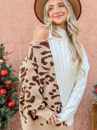 WOMEN'S LONG SLEEVE COLD SHOULDER CABLE KNIT PULLOVER OVERSIZED SWEATER
