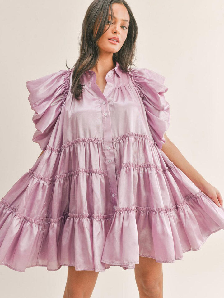 WOMEN'S SHORT PUFF SLEEVE BUTTON UP TIERED TUNIC MINI DRESS