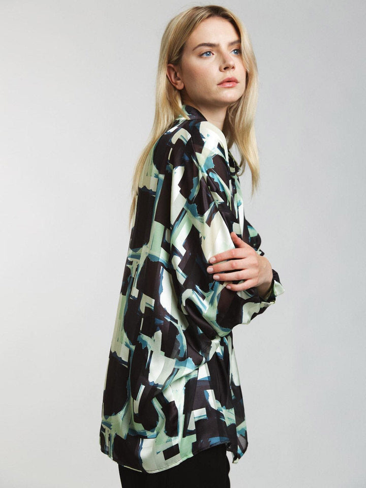 WOMEN'S LONG SLEEVE BUTTON CLOSURE PRINTED BLOUSE TOP