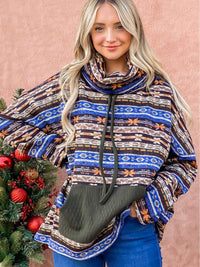 WOMEN'S LONG SLEEVE TURTLE NECK FRONT POCKET PRINT PULLOVER SWEATER