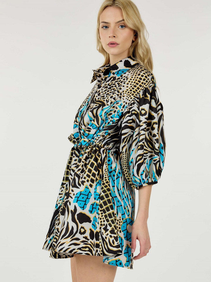 WOMEN'S SHORT PUFF SLEEVE BUTTON UP SELF TIE MULTI PRINT MINI DRESS