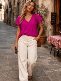 ENTRO WOMEN'S SHORT SLEEVE V-NECK BUBBLE WAIST TOP