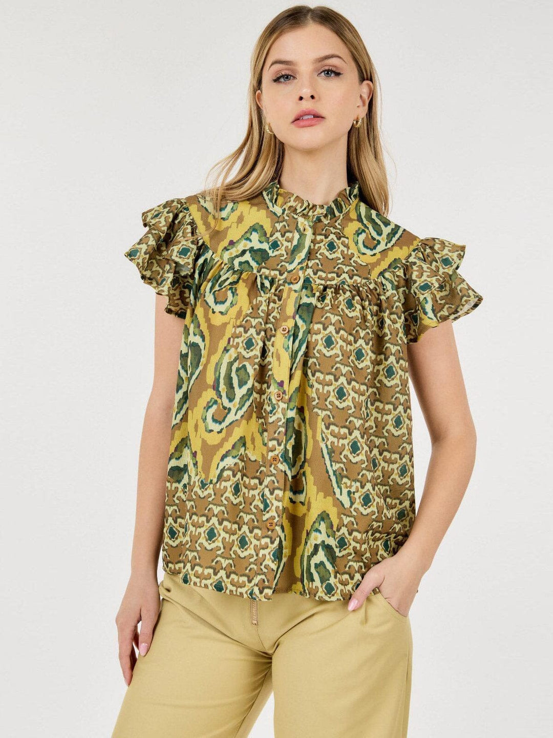 WOMEN'S SHORT RUFFLE SLEEVE BUTTON CLOSURE MULTI PRINT BLOUSE TOP