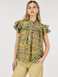 WOMEN'S SHORT RUFFLE SLEEVE BUTTON CLOSURE MULTI PRINT BLOUSE TOP