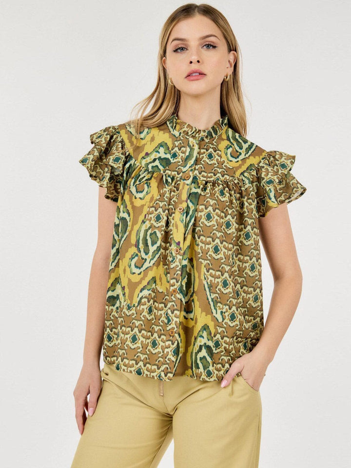 WOMEN'S SHORT RUFFLE SLEEVE BUTTON CLOSURE MULTI PRINT BLOUSE TOP