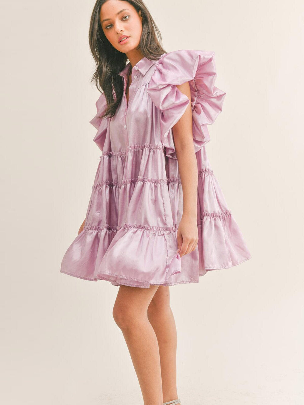 WOMEN'S SHORT PUFF SLEEVE BUTTON UP TIERED TUNIC MINI DRESS