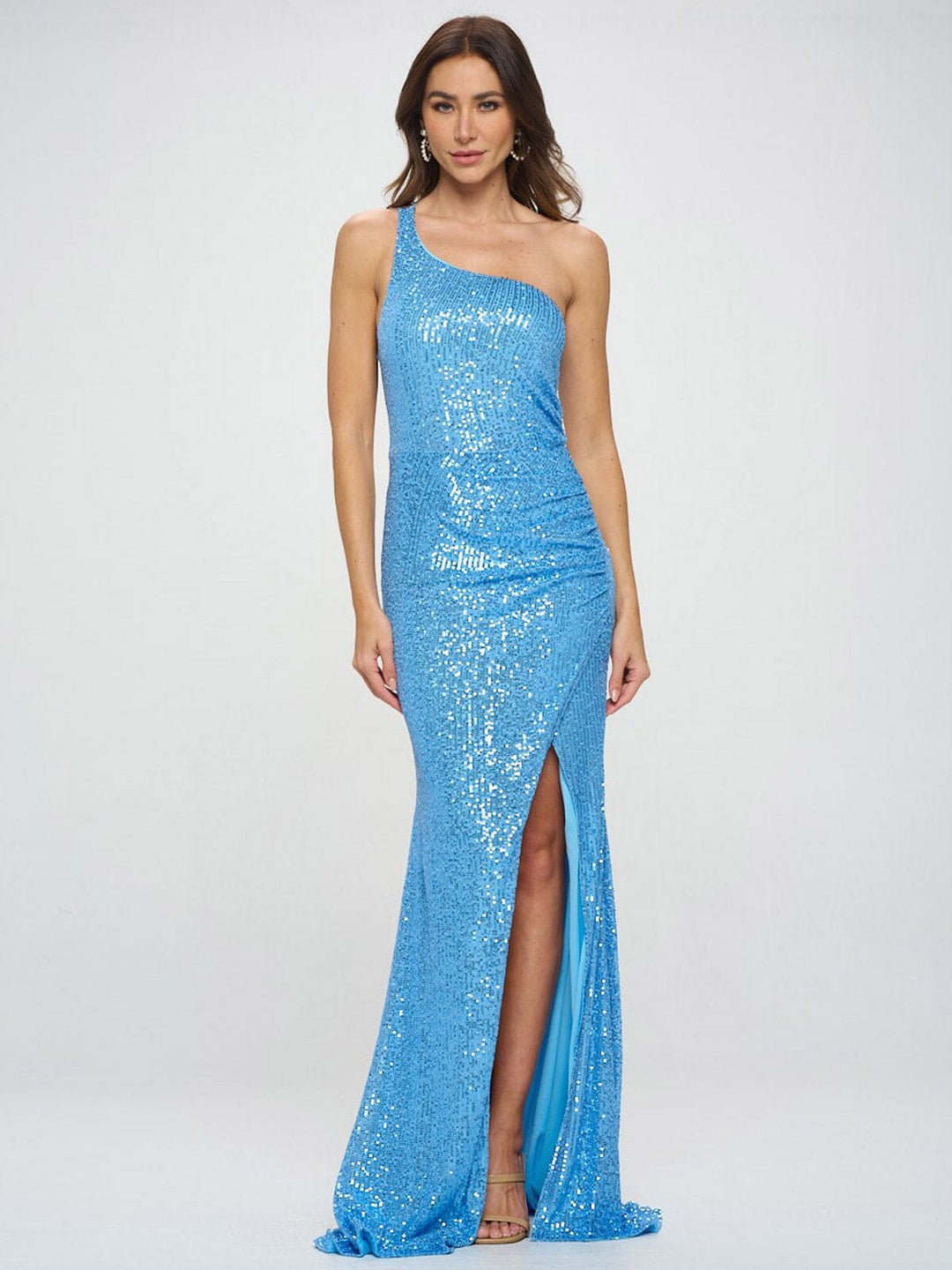 WOMEN'S SLEEVELESS ONE SHOULDER SIDE SLIT BODYCON SEQUINS MAXI DRESS