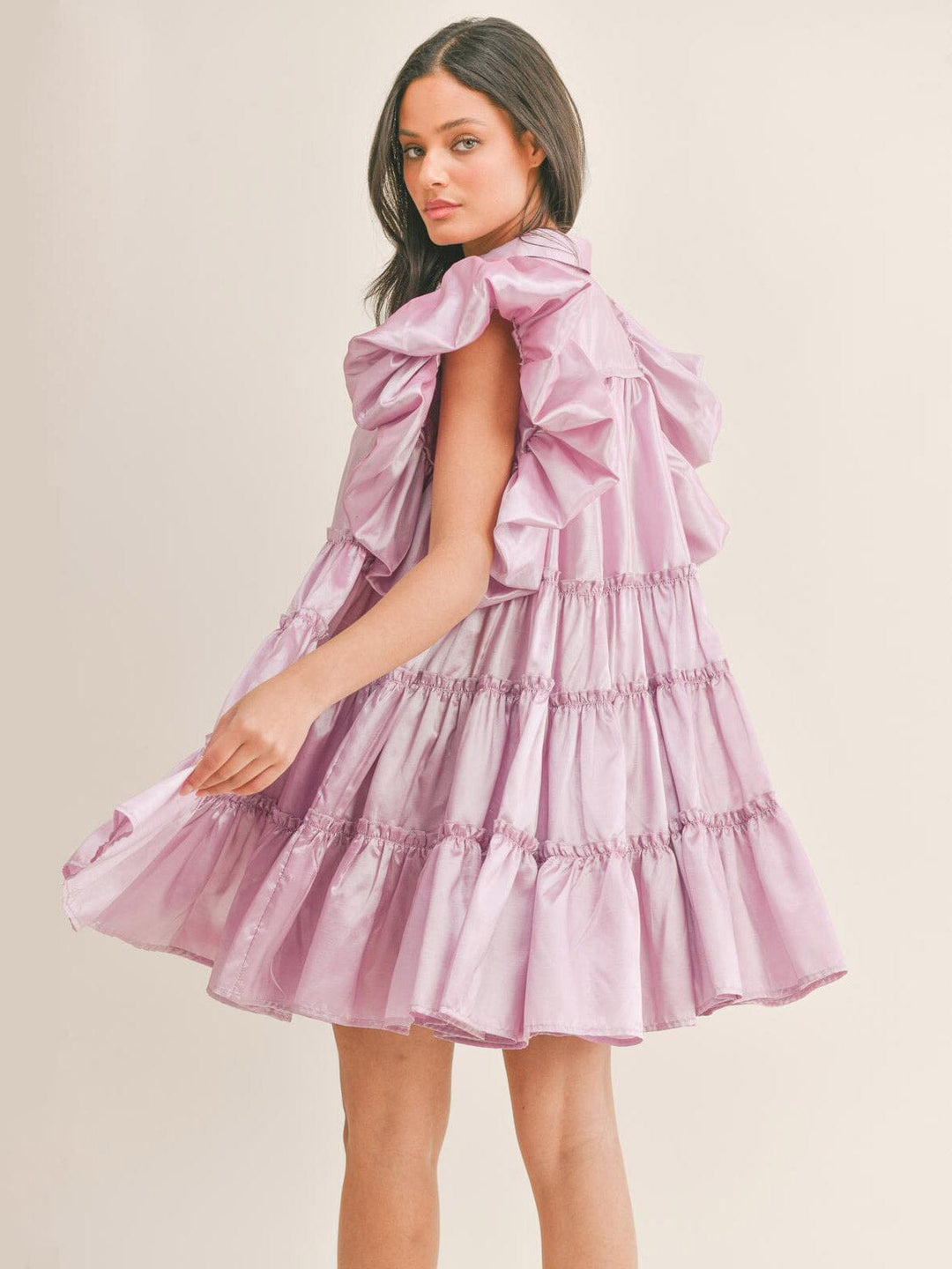WOMEN'S SHORT PUFF SLEEVE BUTTON UP TIERED TUNIC MINI DRESS
