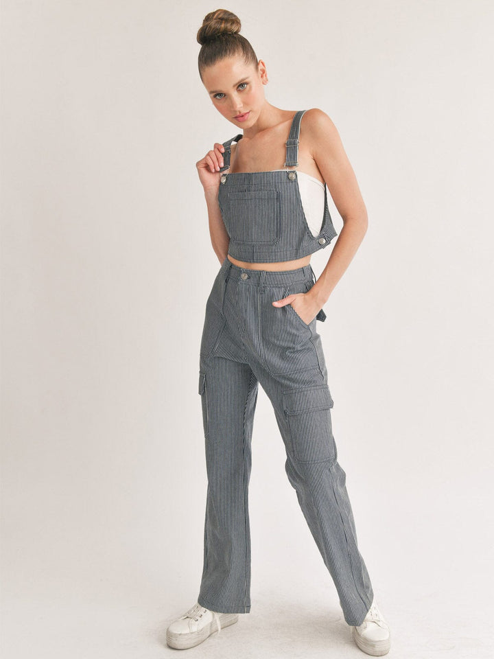 WOMEN'S SLEEVELESS CROP TOP & BUTTON CLOSURE PANTS DENIM STRIPES 2PC SET