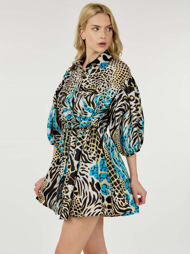 WOMEN'S SHORT PUFF SLEEVE BUTTON UP SELF TIE MULTI PRINT MINI DRESS