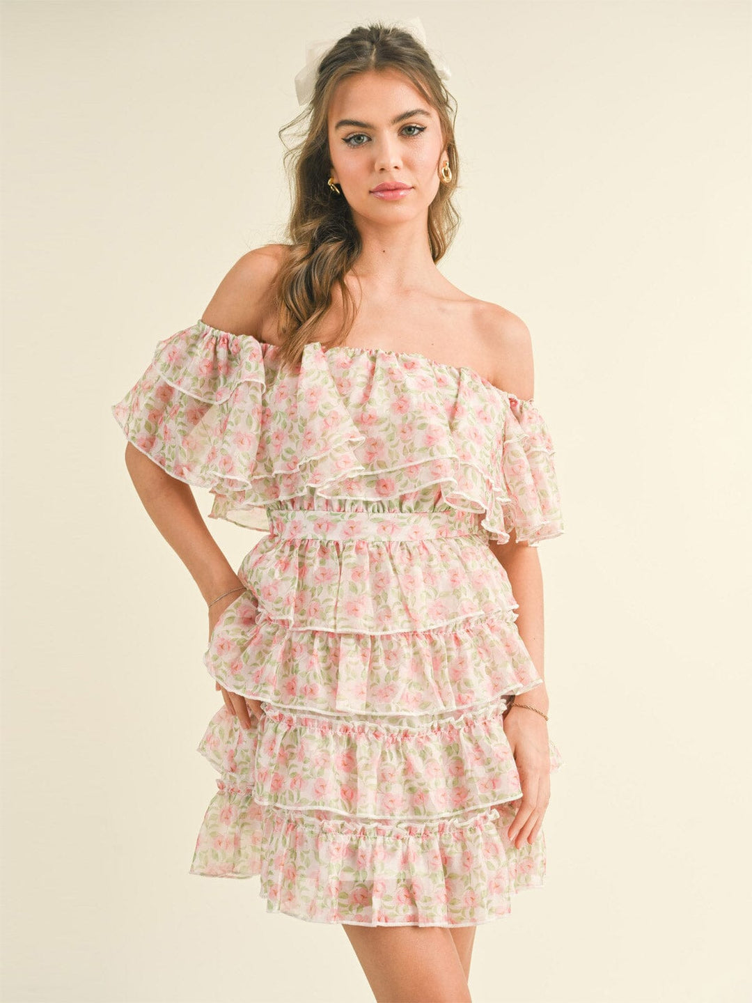 WOMEN'S OFF SHOULDER TIERED RUFFLE FLORAL MINI DRESS