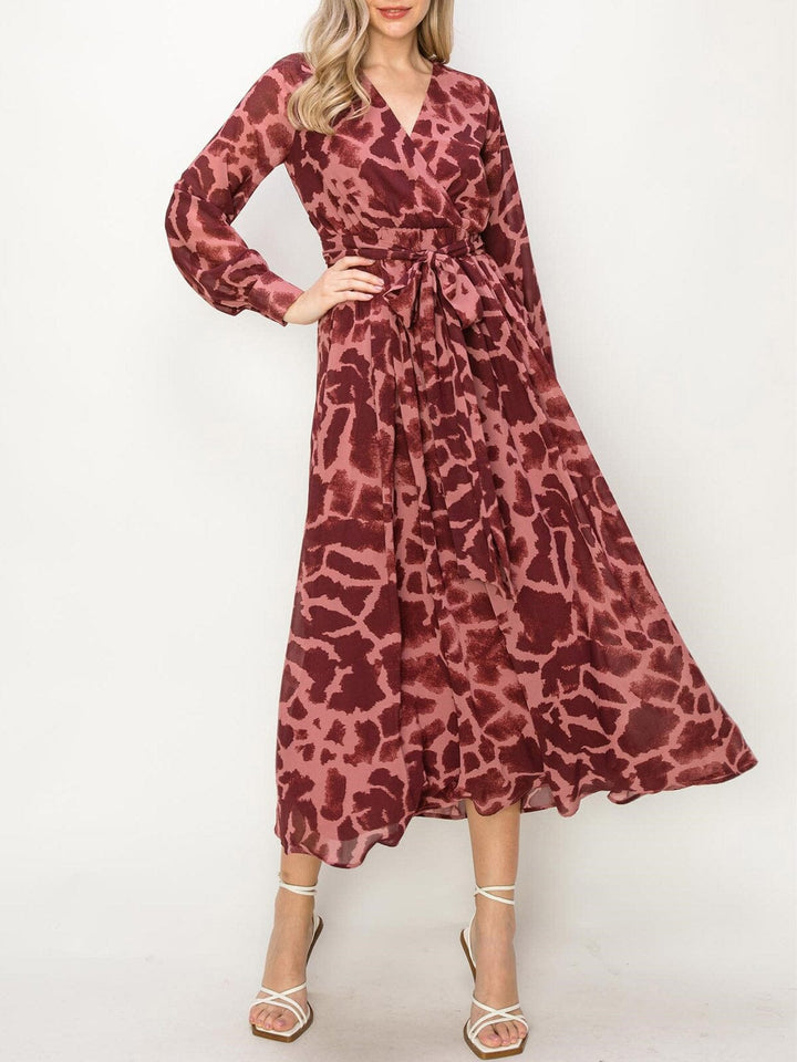 WOMEN'S LONG SLEEVE ANIMAL PRINT SURPLICE MAXI DRESS
