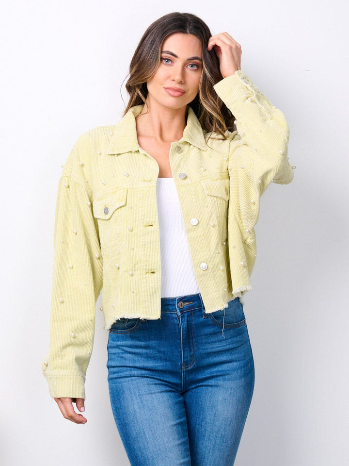 WOMEN'S LONG SLEEVE BUTTON CLOSURE PEARL DETAILED CORDUROY JACKET