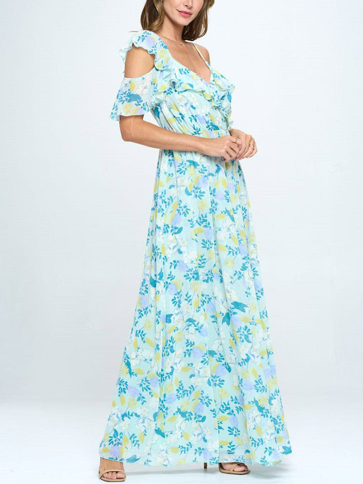 WOMEN'S COLD SHOULDER RUFFLE FLORAL MAXI DRESS