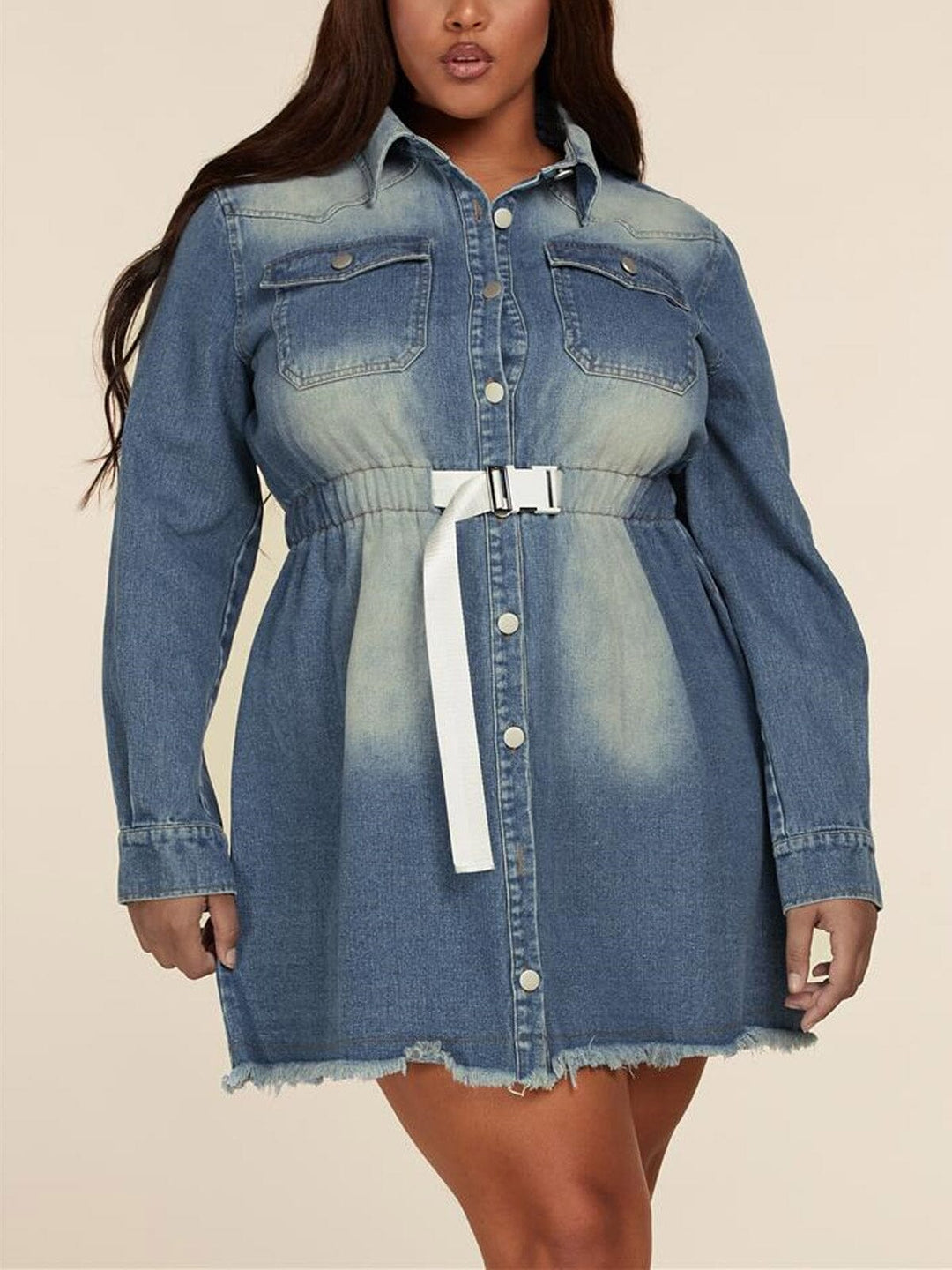 PLUS SIZE LONG SLEEVE WASHED BUTTON UP DENIM MINI DRESS