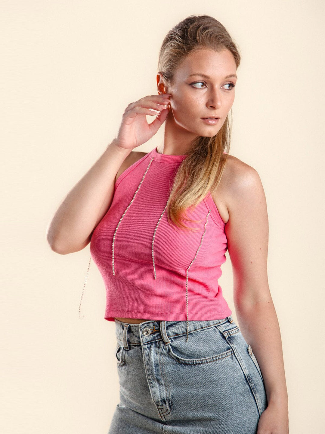 WOMEN'S SLEEVELESS TASSEL STUD DETAILED TANK TOP