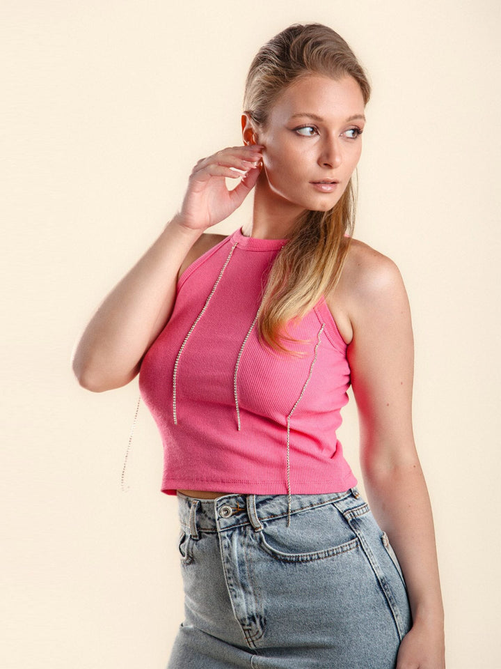 WOMEN'S SLEEVELESS TASSEL STUD DETAILED TANK TOP