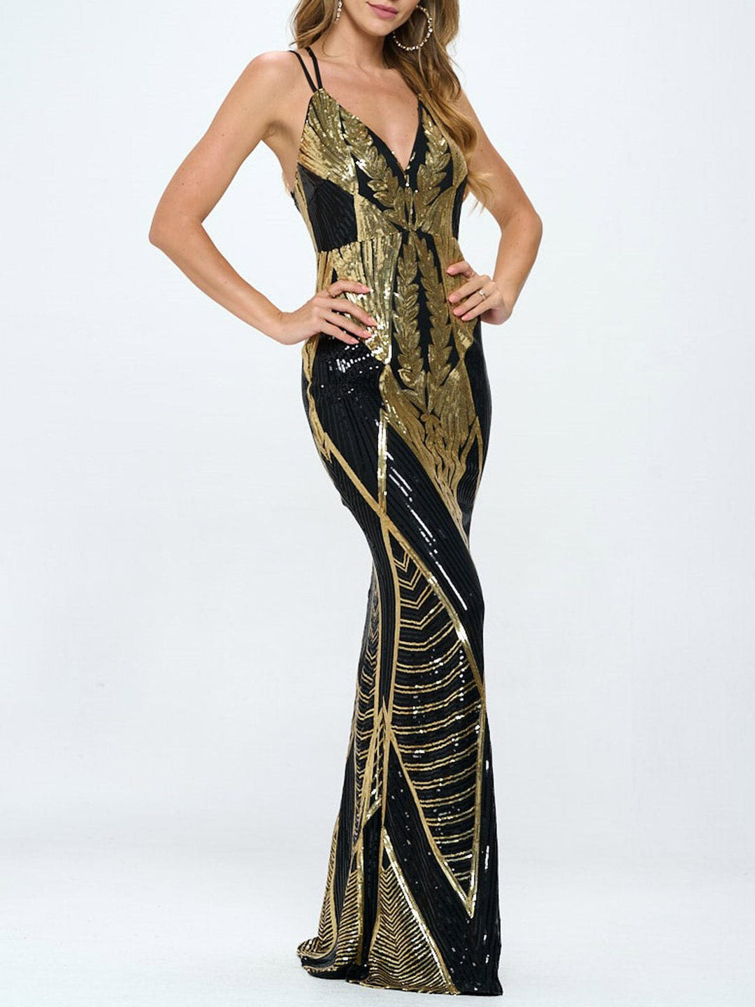 WOMEN'S SLEEVELESS V-NECK BODYCON SEQUINS GOWN MAXI DRESS