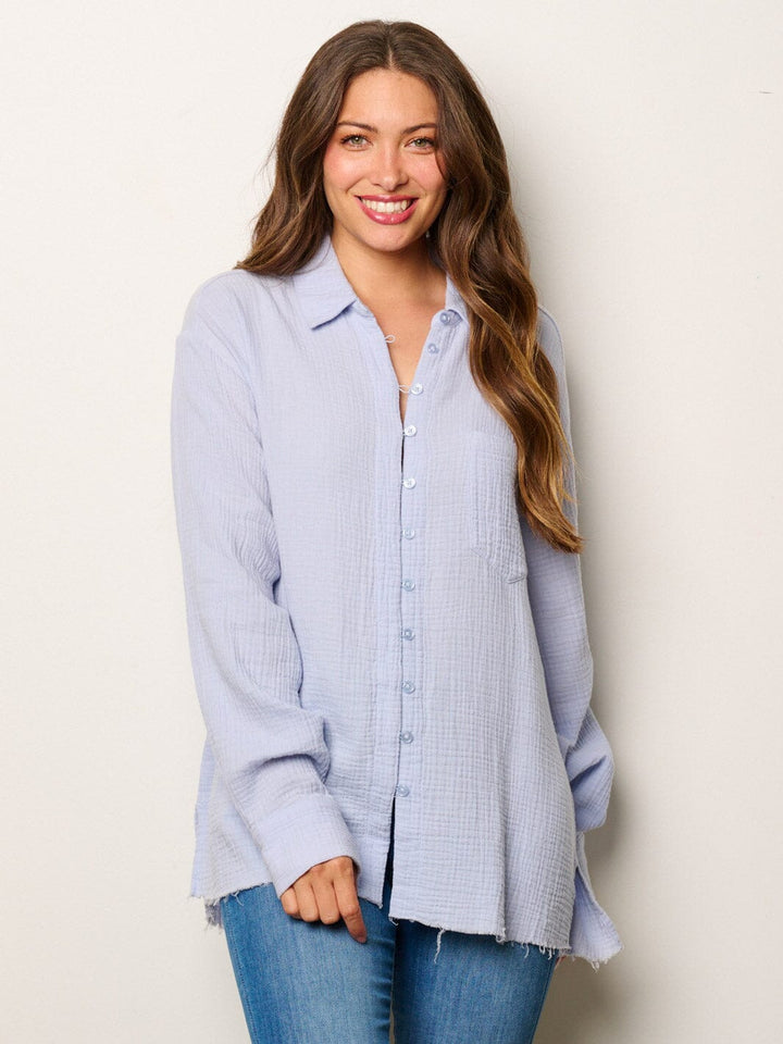 WOMEN'S LONG SLEEVE BUTTON UP FRONT POCKET BLOUSE TOP