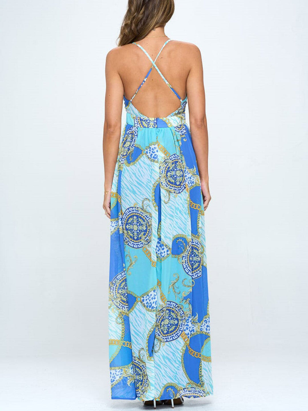 WOMEN'S SLEEVELESS V-NECK OPEN BACK MULTI PRINT MAXI DRESS