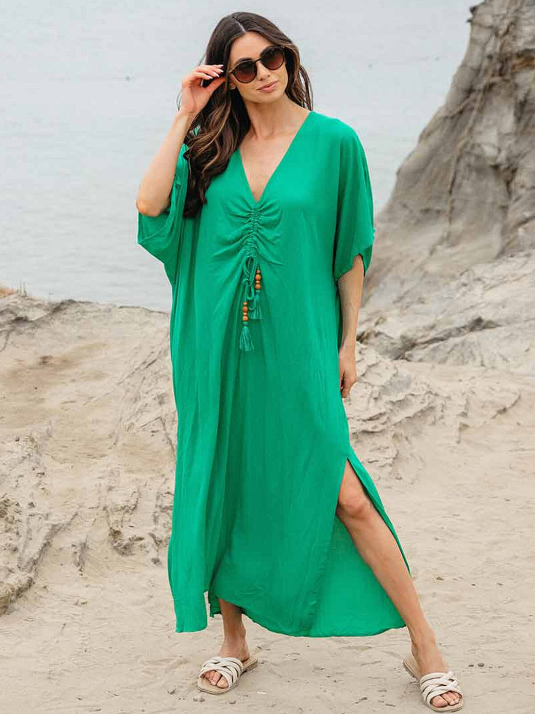 WOMEN'S SHORT SLEEVE V-NECK RUCHED TUNIC MAXI DRESS