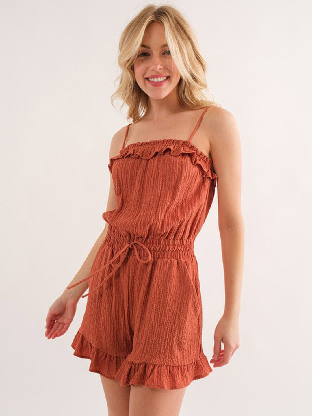 WOMEN'S SLEEVELESS SMOCK WAIST POCKETS RUFFLE ROMPER